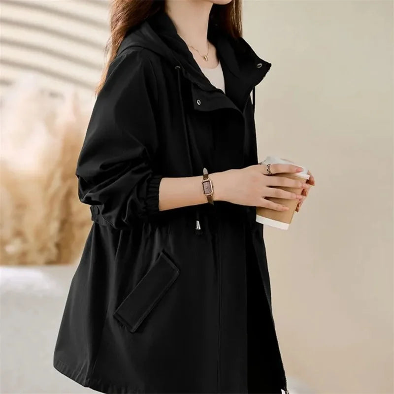 Women’s Camel Military-Style Trench Coat – Slim-Fit Hooded Jacket, Minimalist Casual Outerwear for Spring & Autumn