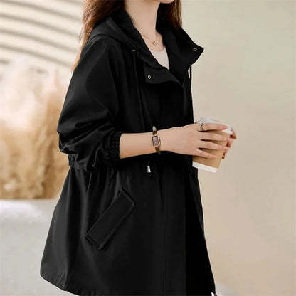 Women’s Camel Military-Style Trench Coat – Slim-Fit Hooded Jacket, Minimalist Casual Outerwear for Spring & Autumn