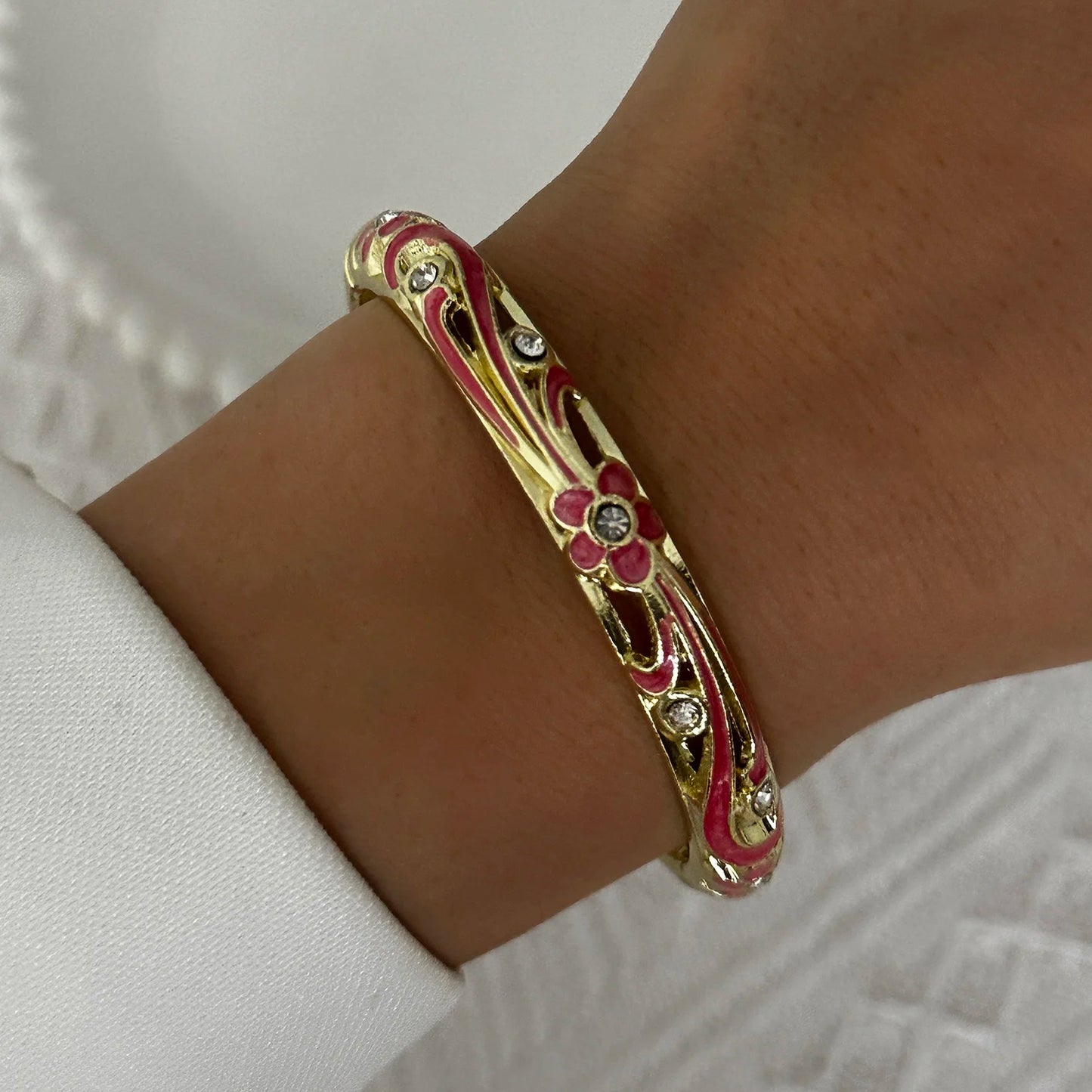 Elegante pulsera de esmalte de flores con circonitas – Pulsera retro chapada en oro con ojo turco floral para mujer | Joyería de moda para fiesta