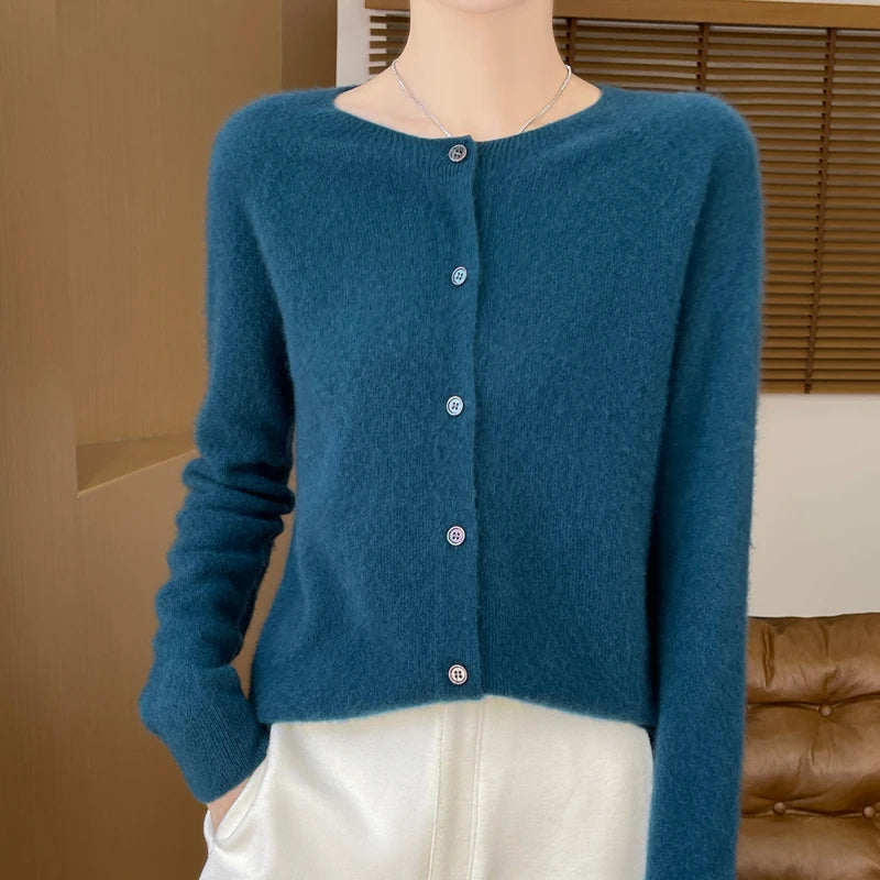 Women's 100% Merino Wool Long-Sleeve Sweater – O-Neck Knit Cardigan-Style Top for Spring & Autumn, Soft Basic Fashion Knitwear