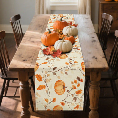 1PC Pumpkin & Fall Leaves Table Runner – Farmhouse Thanksgiving Decor for Kitchen, Dining Room, Home Tables & Holiday Parties