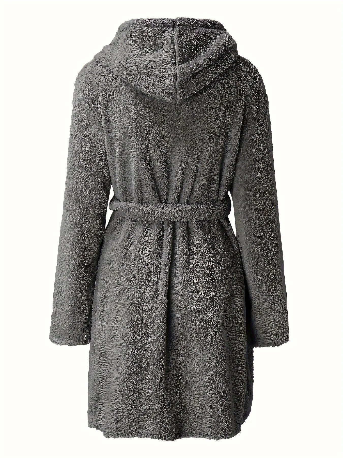 Women’s Hooded Fleece Robe – Solid Color Cozy Warm Bathrobe with Belt for Autumn & Winter Home Wear