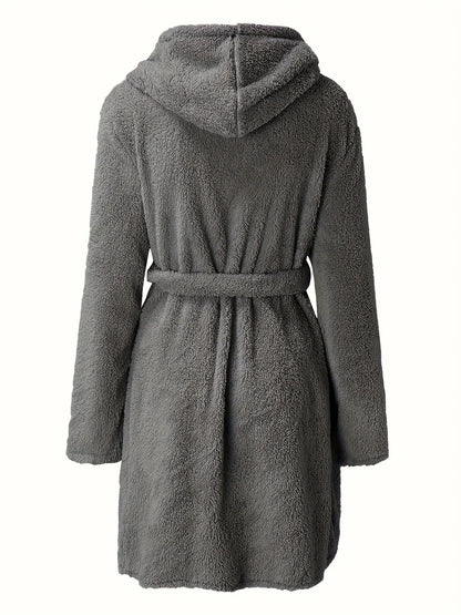 Women’s Hooded Fleece Robe – Solid Color Cozy Warm Bathrobe with Belt for Autumn & Winter Home Wear