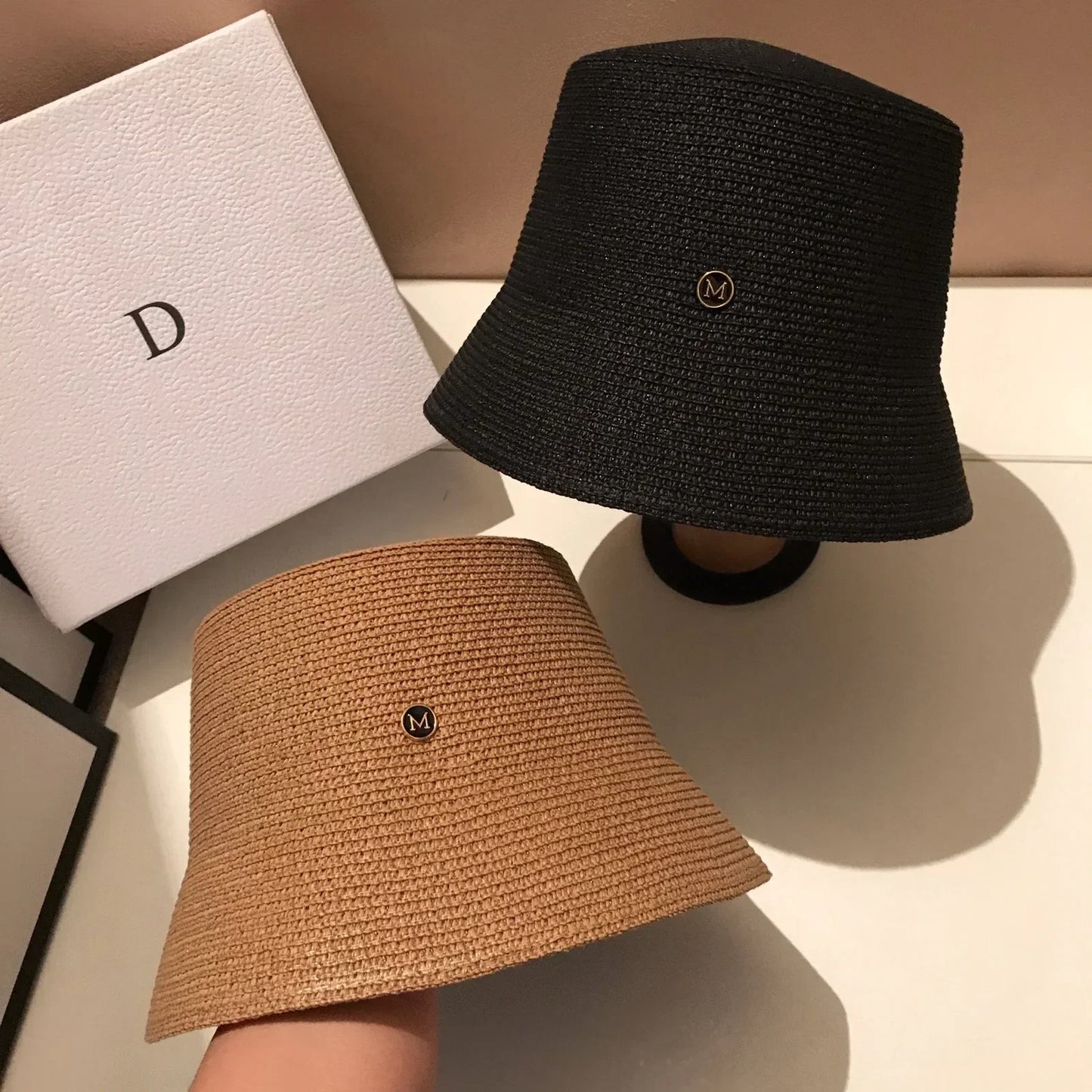 Japanese Designer M Straw Woven Summer Sun Hat for Women Casual Travel Panama Bucket Hat Sunscreen Slim-Face Luxury
