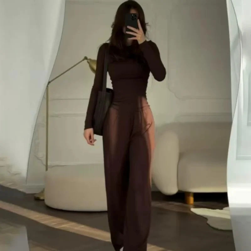 Ensemble deux pièces pour femme, comprenant un haut à col rond et manches longues et un pantalon taille élastique, décontracté pour l'automne