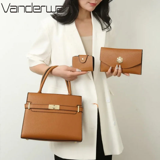 Women's Large-Capacity Leather Handbag – Luxury Shoulder & Crossbody Bag Set with Small Coin Purse, 1 or 3-Piece Fashion Tote