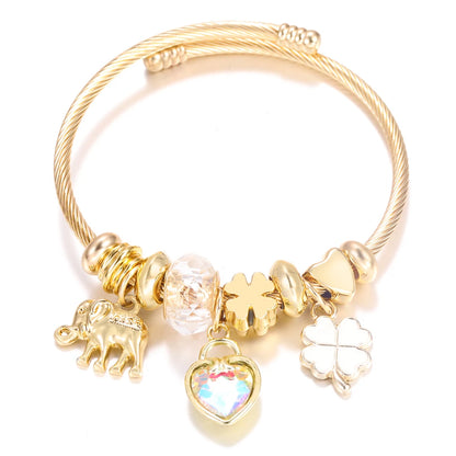 Pulsera con colgante de corazón y cuentas – Pulsera de abalorios de acero inoxidable de 4 colores para mujer | Regalo de joyería de moda dorada de tendencia
