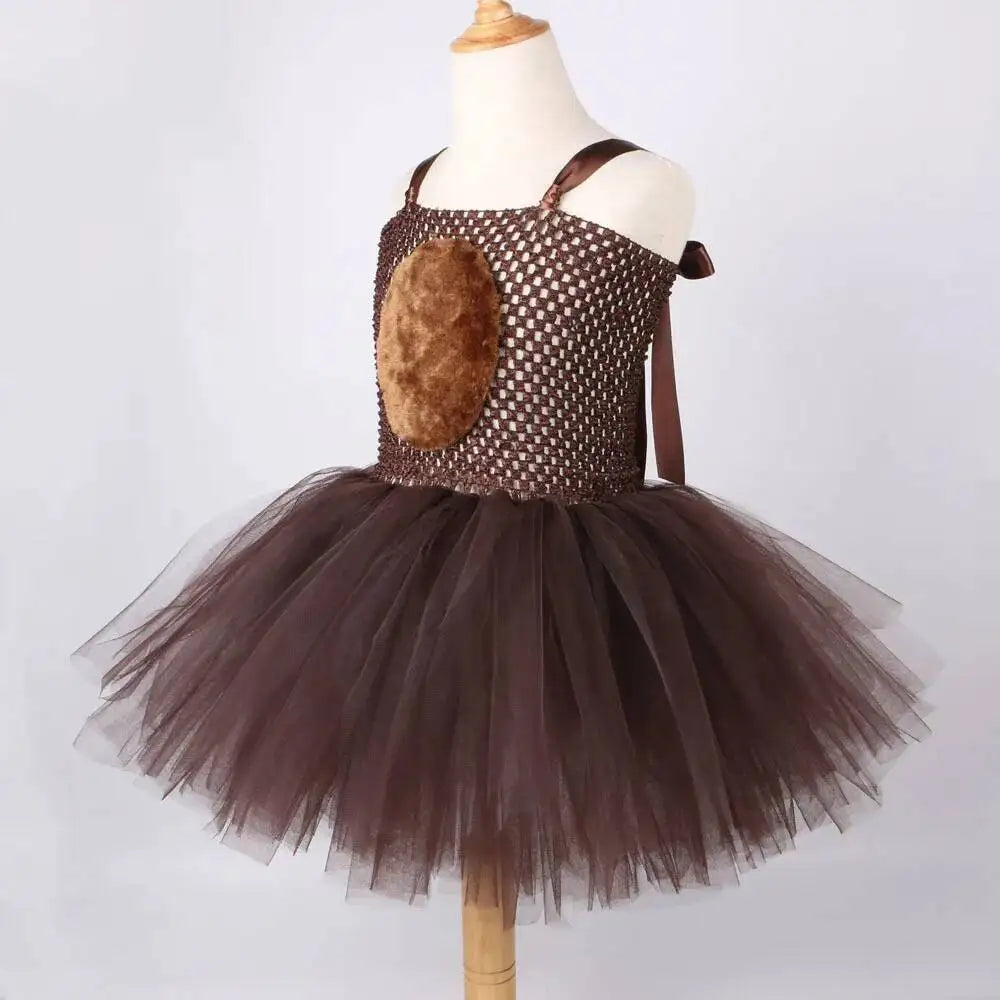 Baby Girls' Brown Bear Tutu Dress with Ears, Bow and Tail, Cute Animal Costume for Halloween, Christmas, Birthday Parties and Everyday Dress-Up Outfit for Kids
