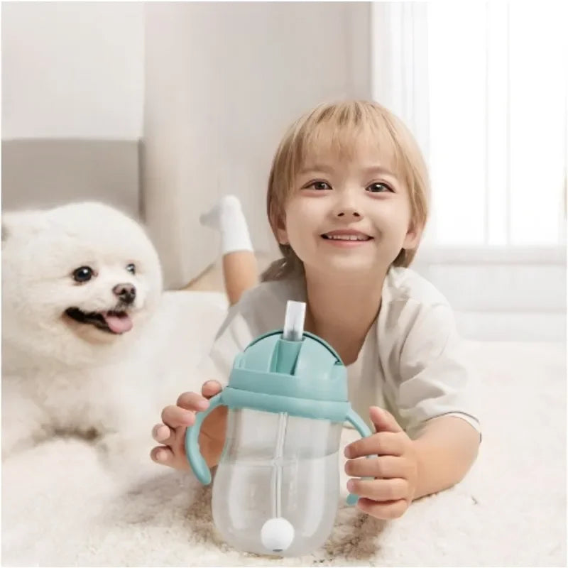 300ML Baby Straw Water Bottle with Handle Portable Toddler Training Cup for Kids