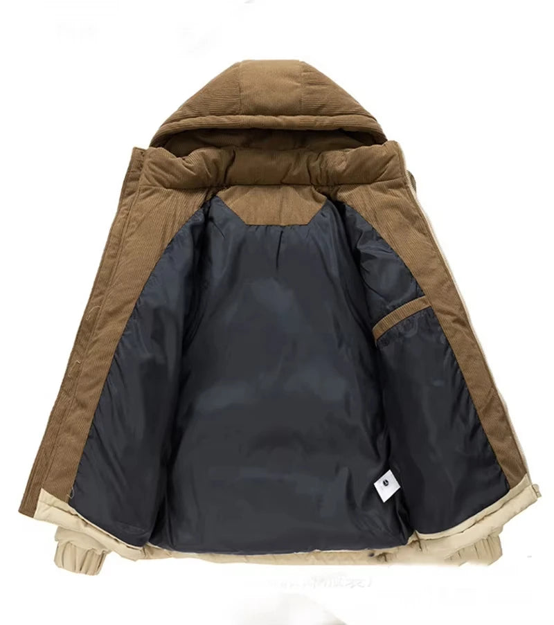 Men’s Hooded Winter Parka – Thick Fleece-Lined Cotton Jacket with Front Zipper, Warm Casual Coat for Cold Weather