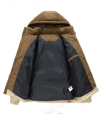 Men’s Hooded Winter Parka – Thick Fleece-Lined Cotton Jacket with Front Zipper, Warm Casual Coat for Cold Weather