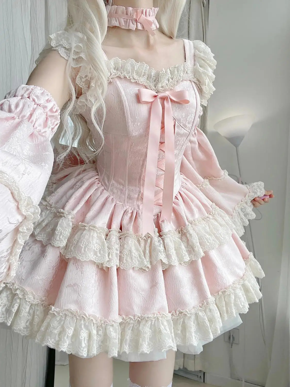 Vestido japonés Sweet Lolita Kawaii para mujer 2025, estampado de primavera, lazo, vestido falso de dos piezas, estilo coreano, ropa de fiesta