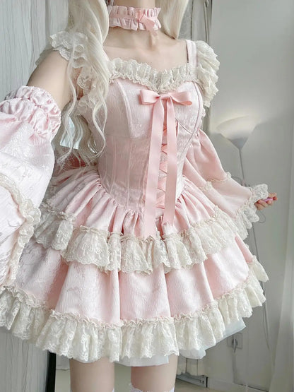 Vestido japonés Sweet Lolita Kawaii para mujer 2025, estampado de primavera, lazo, vestido falso de dos piezas, estilo coreano, ropa de fiesta
