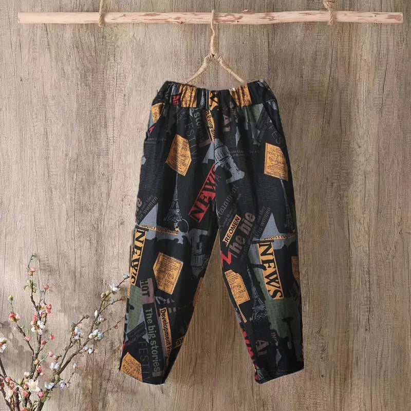 Pantalones Harlan de Verano para Mujer de Lino y Algodón, de Cintura Alta, Sueltos, Delgados, Estampados, Informales, tipo Farol, de Nueve Puntos con Bolsillos