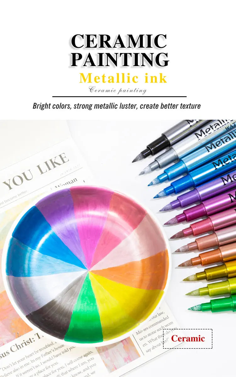 12 Colors Metallic Marker Pens – Shimmer Paint Markers for Black Paper, Glass, Rock Painting, DIY Crafts, Scrapbooking & Student Art Supplies