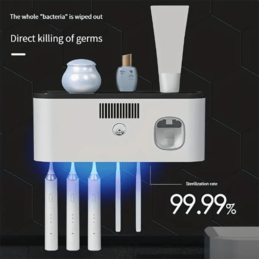 Wall-Mounted Smart Toothbrush Holder – 5-Slot Toothbrush Sterilizer with Integrated Toothpaste Dispenser, Bathroom Storage Rack & Organizer