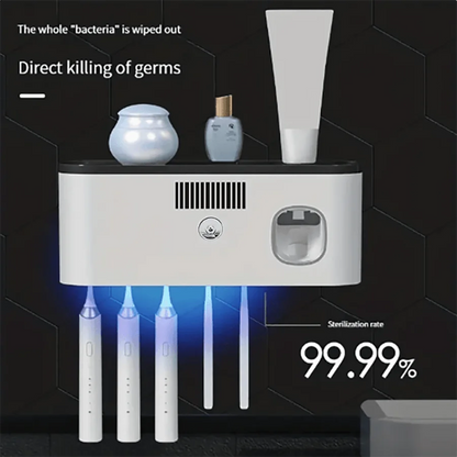 Wall-Mounted Smart Toothbrush Holder – 5-Slot Toothbrush Sterilizer with Integrated Toothpaste Dispenser, Bathroom Storage Rack & Organizer