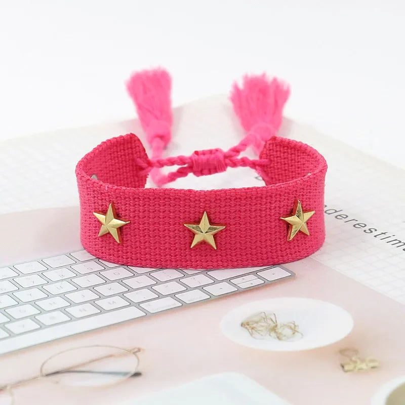 Bohemian Star Tassel Bracelet – Handmade Woven Alloy Gold Rivet Wrist Strap for Women | Ethnic Fashion Jewelry Gift