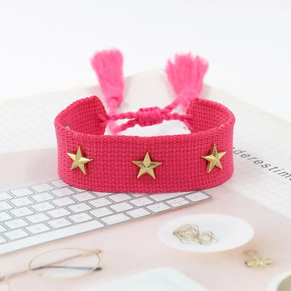 Bohemian Star Tassel Bracelet – Handmade Woven Alloy Gold Rivet Wrist Strap for Women | Ethnic Fashion Jewelry Gift