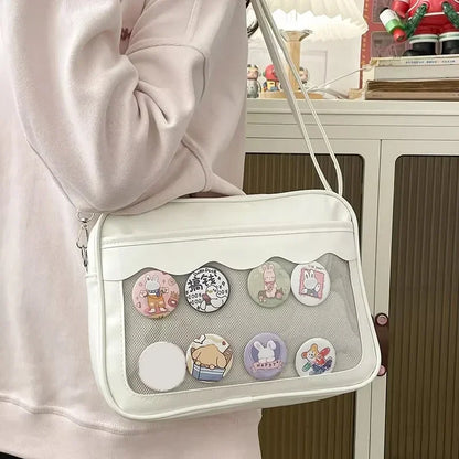 Bolso japonés Harajuku Ita – Bolso bandolera de piel sintética con bolsillo transparente para mujeres y estudiantes de secundaria, bolso de estilo uniforme JK, bolso de almacenamiento de moda Kawaii para coleccionistas y uso diario