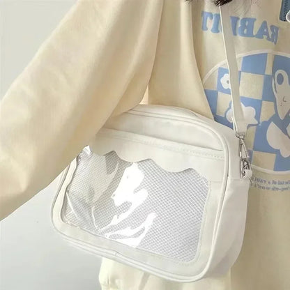 Bolso japonés Harajuku Ita – Bolso bandolera de piel sintética con bolsillo transparente para mujeres y estudiantes de secundaria, bolso de estilo uniforme JK, bolso de almacenamiento de moda Kawaii para coleccionistas y uso diario