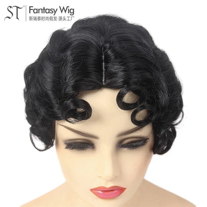 1920s Vintage Black Short Curly Cosplay Wig – Synthetic Party Headgear