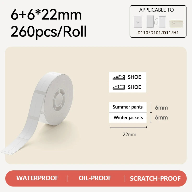 Niimbot D110 Label Maker Tape – Waterproof Self-Adhesive Sticker Paper, Compatible Label Roll for Niimbot D11/D101 Portable Printer, White Thermal Labels 12-15mm