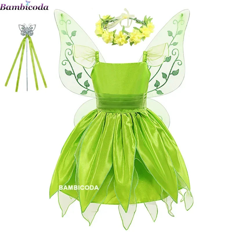 Girls Tinker Bell Costume – Green Fairy Princess Fancy Dress for Halloween, Birthday Parties & Cosplay, Ages 2–10Y