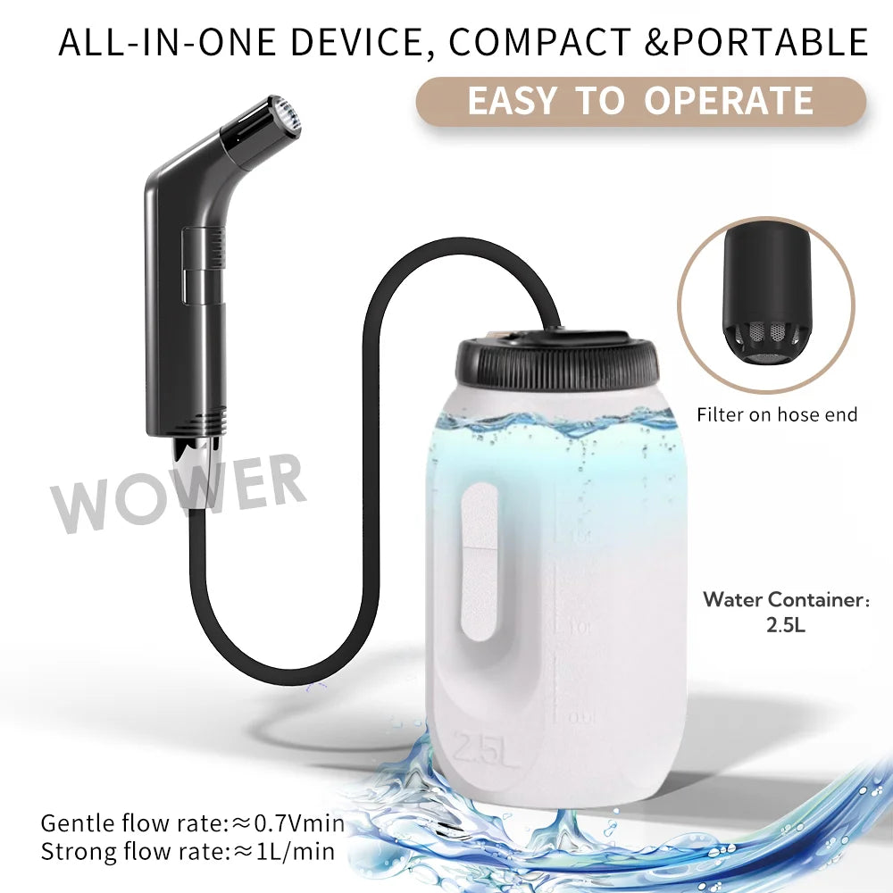 Pulverizador de bidé eléctrico portátil de 2.5L – Bidé de viaje recargable para higiene personal con boquilla Shataf de mano para camping, baño y limpieza sobre la marcha