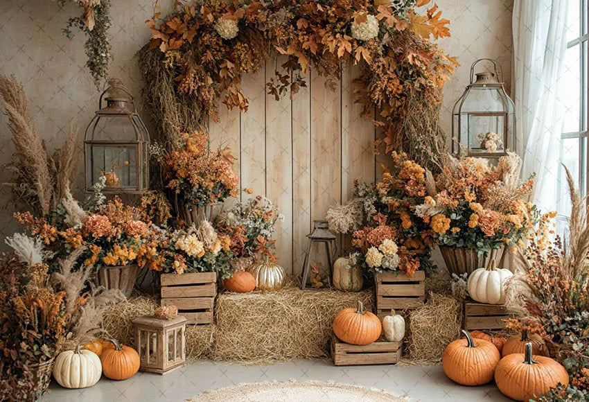 Mehofond Fall Autumn Harvest Photography Backdrop – Rustic Barn Hay & Pumpkin Background for Kids’ Birthday, Portrait, Photo Studio & Party Decor