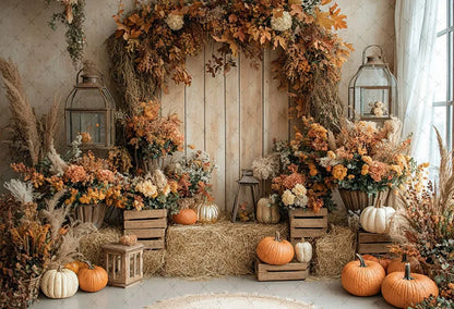 Mehofond Fall Autumn Harvest Photography Backdrop – Rustic Barn Hay & Pumpkin Background for Kids’ Birthday, Portrait, Photo Studio & Party Decor