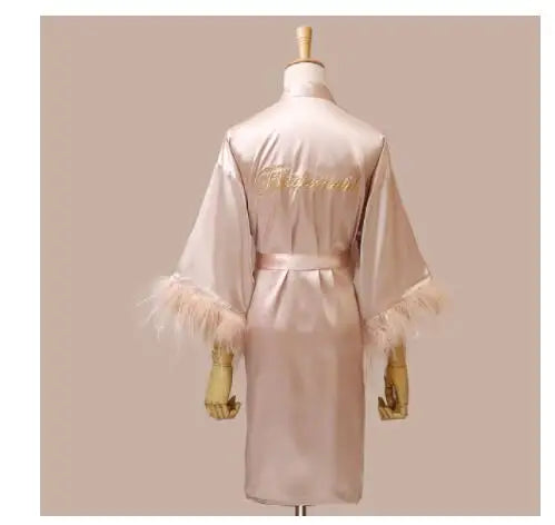Women’s Feather Satin Robe – Bride Bridesmaid Wedding Kimono Bathrobe V-Neck Nightgown Lingerie