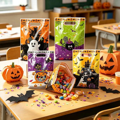10-100PCS Halloween Candy Bags for Kids, PVC Trick or Treat Snack and Cookie Handbags, Ghost and Spider Print Gift Pouches, Halloween Party Favors and Goodie Bag Storage