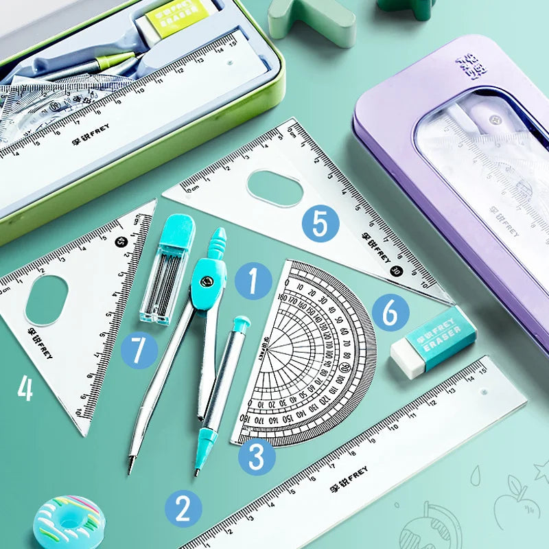 8PCS Geometry Set – Compass & Ruler Mathematical Drawing Kit with Pencil for Students School Supplies