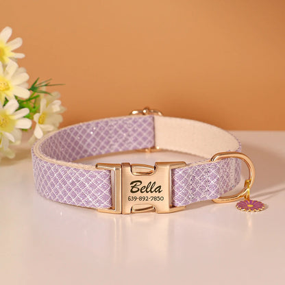 Custom Bling Nylon Dog Collar – Personalized Engraved ID Name Collar with Cute Flower Tag for Small & Medium Dogs and Cats