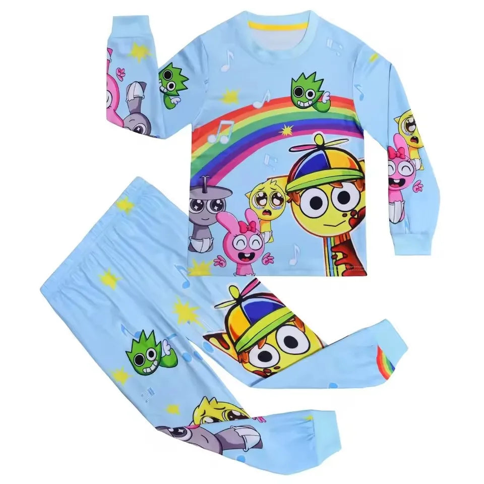 Sprunki Kids 2-Piece Pajama Set – Cartoon Anime Game Long-Sleeve Shirt & Pants Sleepwear for Girls & Boys