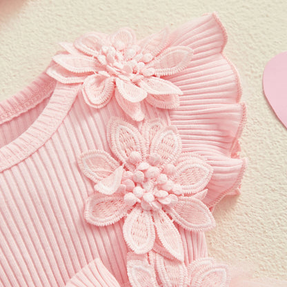 Vestido de mameluco 3D con flores para bebé – Body de malla de princesa de verano con volantes de encaje, conjunto de recién nacido con diadema a juego, ropa linda para niños para ocasiones especiales y uso diario