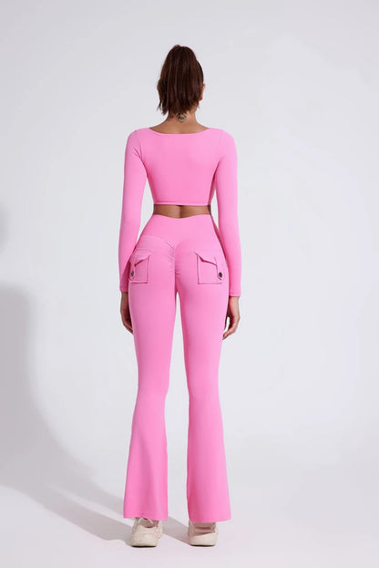 DIAS FIT JOY Pantalon de yoga évasé taille haute pour femme – Legging patte d'éléphant push-up avec poches, pantalon d'entraînement à séchage rapide pour la course, la gym, le fitness et l'exercice