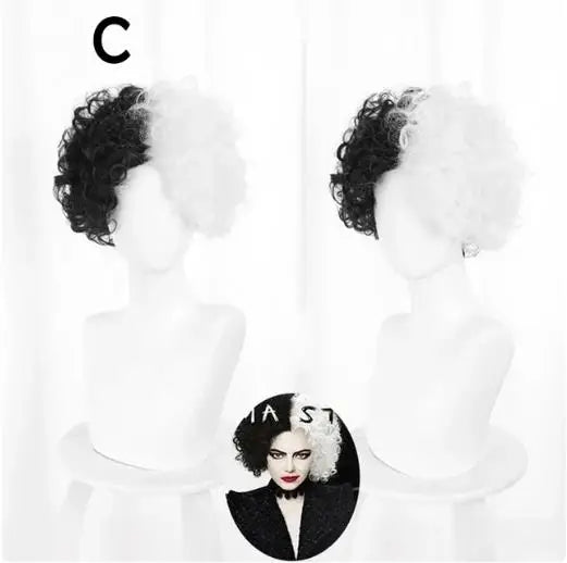 Cruella De Vil Halloween Cosplay Wig – Half Black Half White Short Curly Wig (Danganronpa Style)