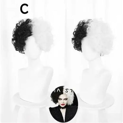 Cruella De Vil Halloween Cosplay Wig – Half Black Half White Short Curly Wig (Danganronpa Style)