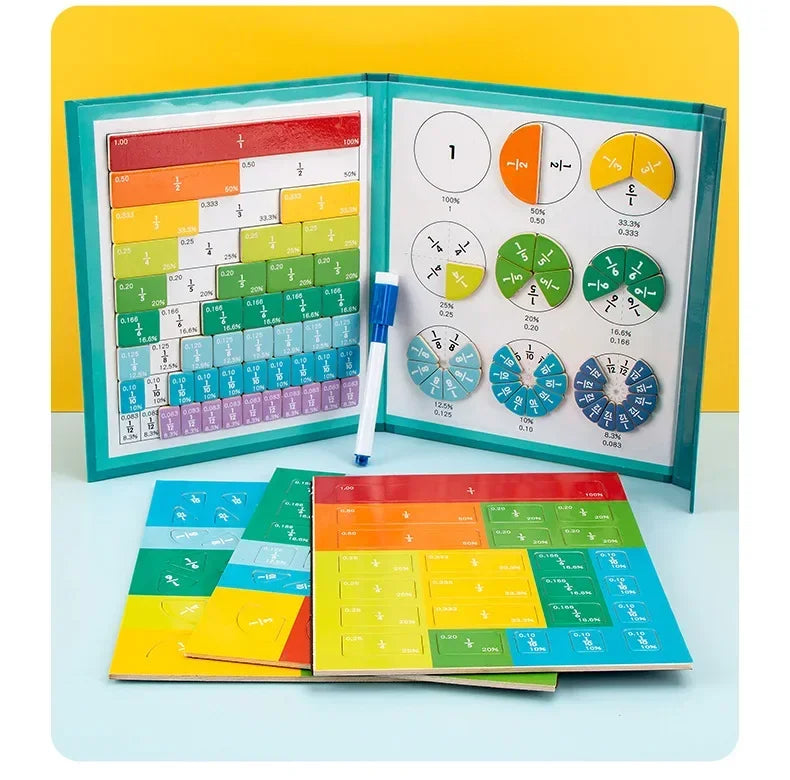 Livre d'apprentissage des fractions magnétiques Montessori – Jouet éducatif en bois pour enfants, compétences en arithmétique