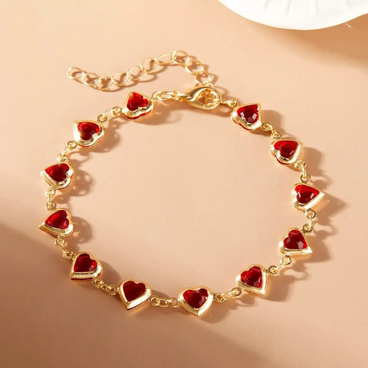 Elegant Red Crystal Zircon Bracelet – Colorful Heart Charm Metal Chain Bracelet for Women, Wedding, Party & Gift Jewelry