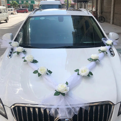 Décoration de voiture de mariage artificielle rose blanche – Ruban de fleurs en soie pour véhicules de mariée et poignées de porte