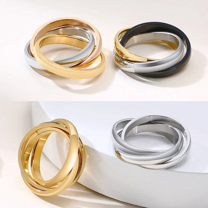 Stainless Steel Interlocked Triple Ring – Three-in-One Multi-Color Wedding Band for Women | Stackable Fashion Ring