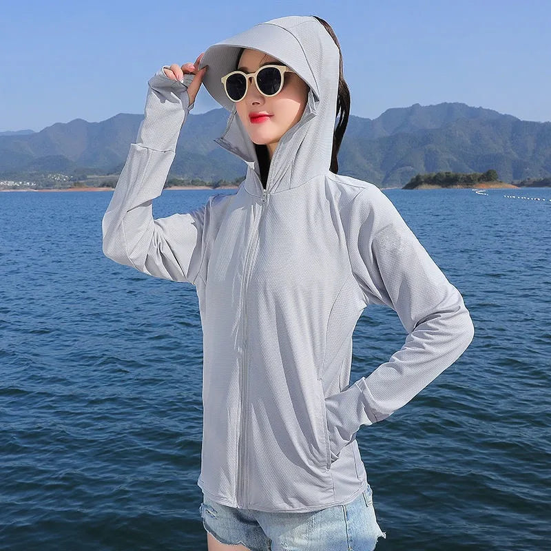 Women's Ice Silk UV Protection Jacket – Lightweight Breathable Long Sleeve Cycling Coat with Hood for Summer Outdoor Sports