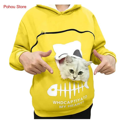 Women's Cute Cat Pocket Hoodie – Long Sleeve Casual Sweatshirt for Spring, Autumn & Winter, Simple Commuter Top with Pet Pocket