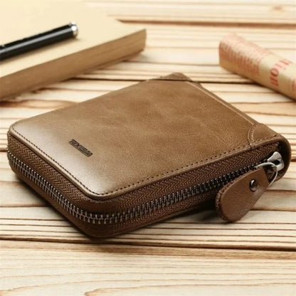 Cartera de cuero WEIXIE RFID con cremallera para monedas y tarjetero compacto