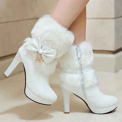Women’s Winter High Heel Boots – Pink, White & Black Fur Tassel Bowtie Lolita Party & Wedding Shoes, Fashion Boots Size 34–43