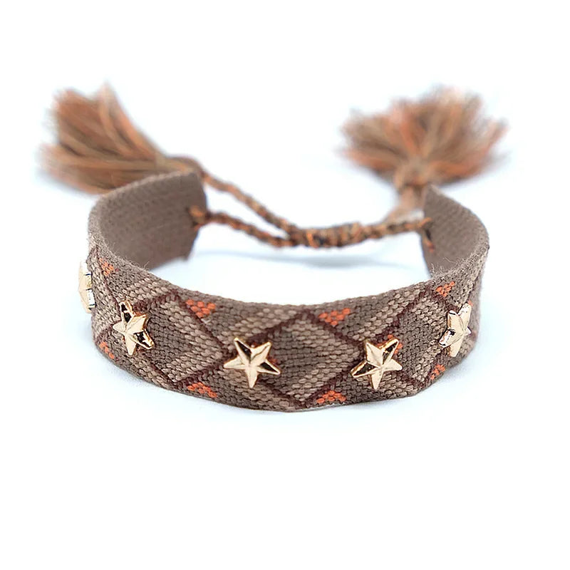 Bohemian Star Tassel Bracelet – Handmade Woven Alloy Gold Rivet Wrist Strap for Women | Ethnic Fashion Jewelry Gift