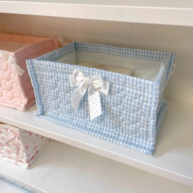 Cute Quilted Lace Storage Basket – Korean Desktop Organizer Bin for Cosmetics, Toys, Sundries & Home Décor